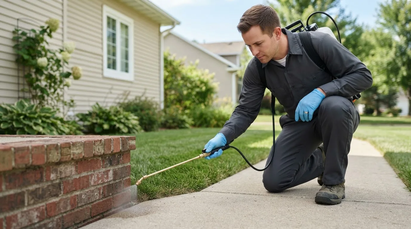 Pest control technician treating a home near Richland, MO